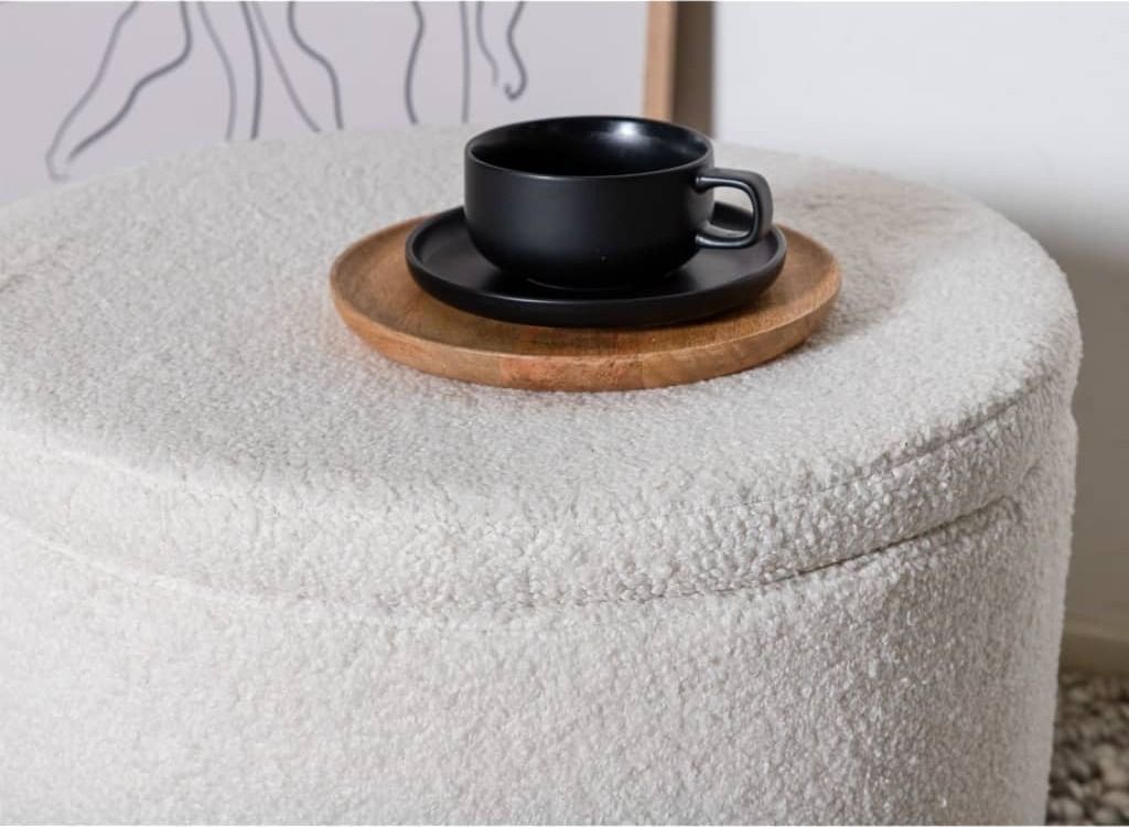 Dunken Pouf, Hocker mit Aufbewahrung Ø51cm Teddystoff weiß. Produktbild 6