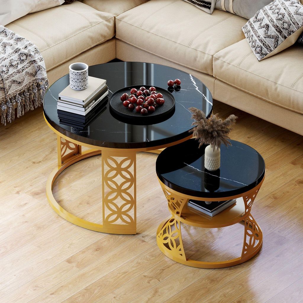okwish Table basse 2 pcs, aspect marbre noir rond, pieds en Image du produit 