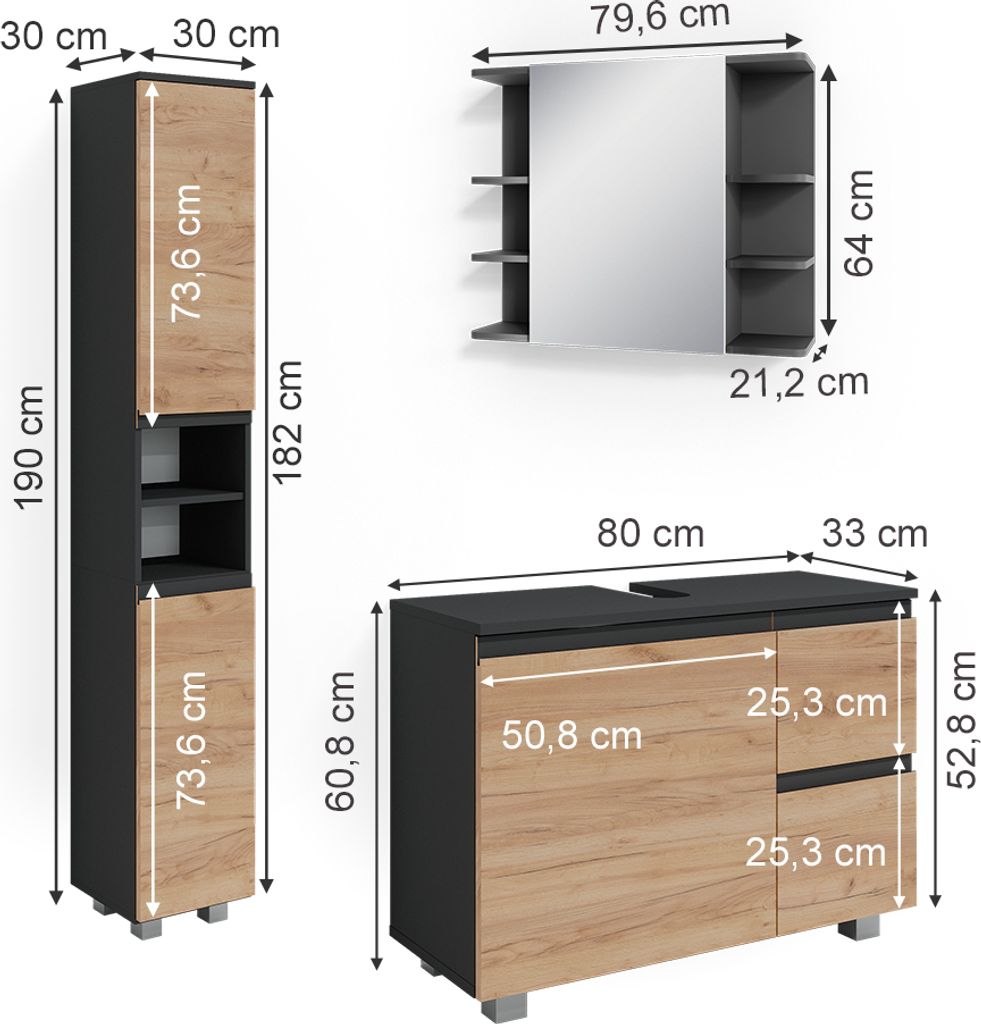 Vicco Badmöbel-Set J-Shape, 3 Teile, mit Hochschrank, Produktbild 3