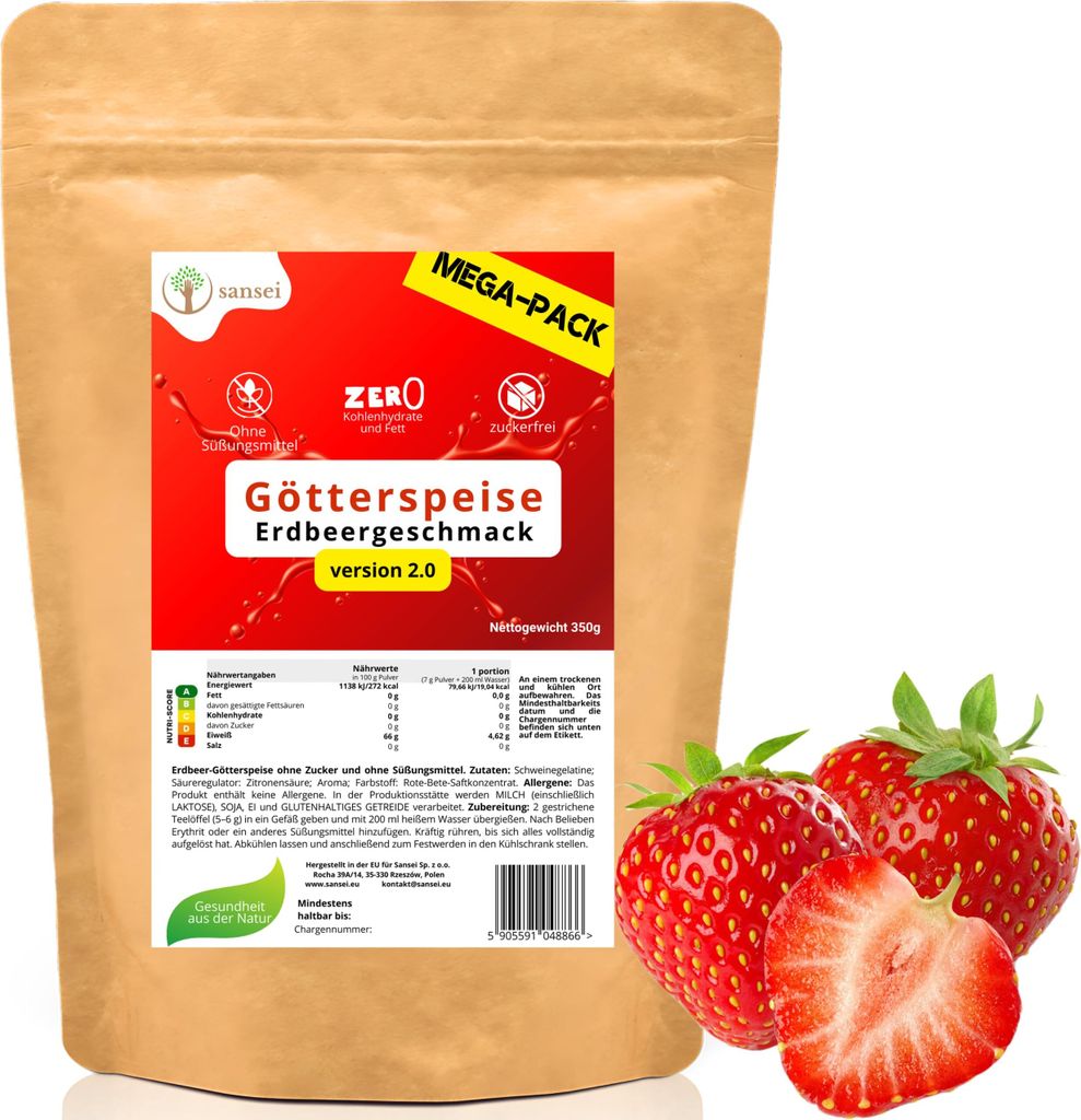 Zuckerfreie Götterspeise Ohne Zucker & Süßungsmittel Low Carb Dessert 350g (50portionen) Kalorienarm (Erdbeere)