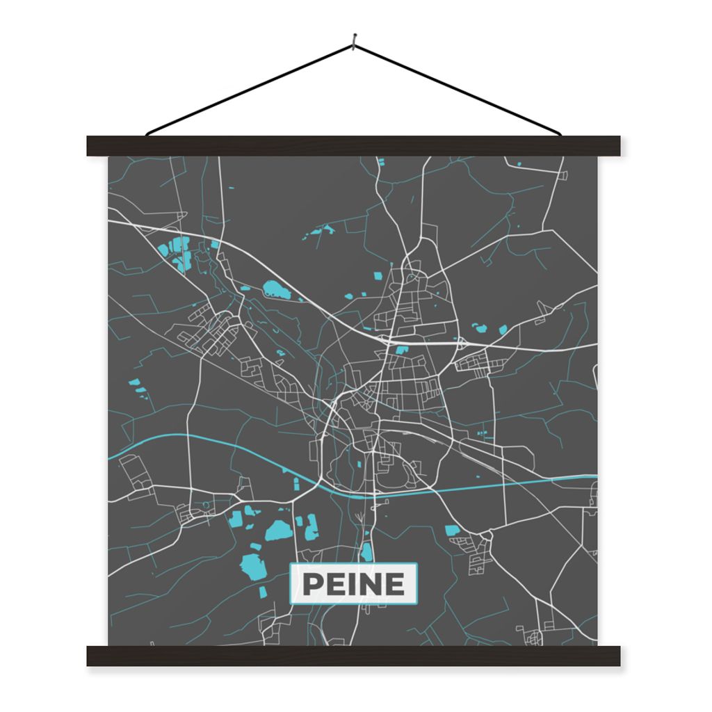 MuchoWow Textilposter Karte - Peine - Blau - Stadtplan - Deutschland 60x60 cm mit schwarzem Rahmen - Posteraufhänger