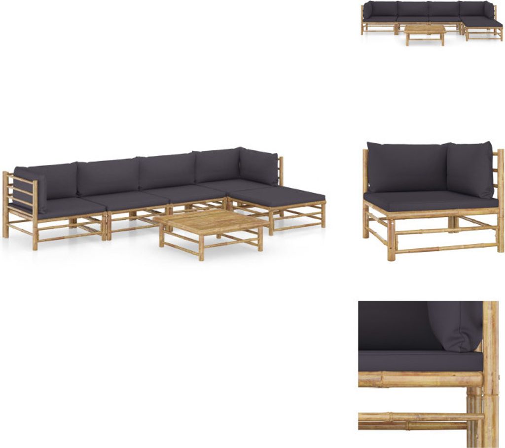 vidaXL 6-tlg. Garten-Lounge-Set mit Dunkelgrauen Kissen Bambus - Gartenmöbel-Sets