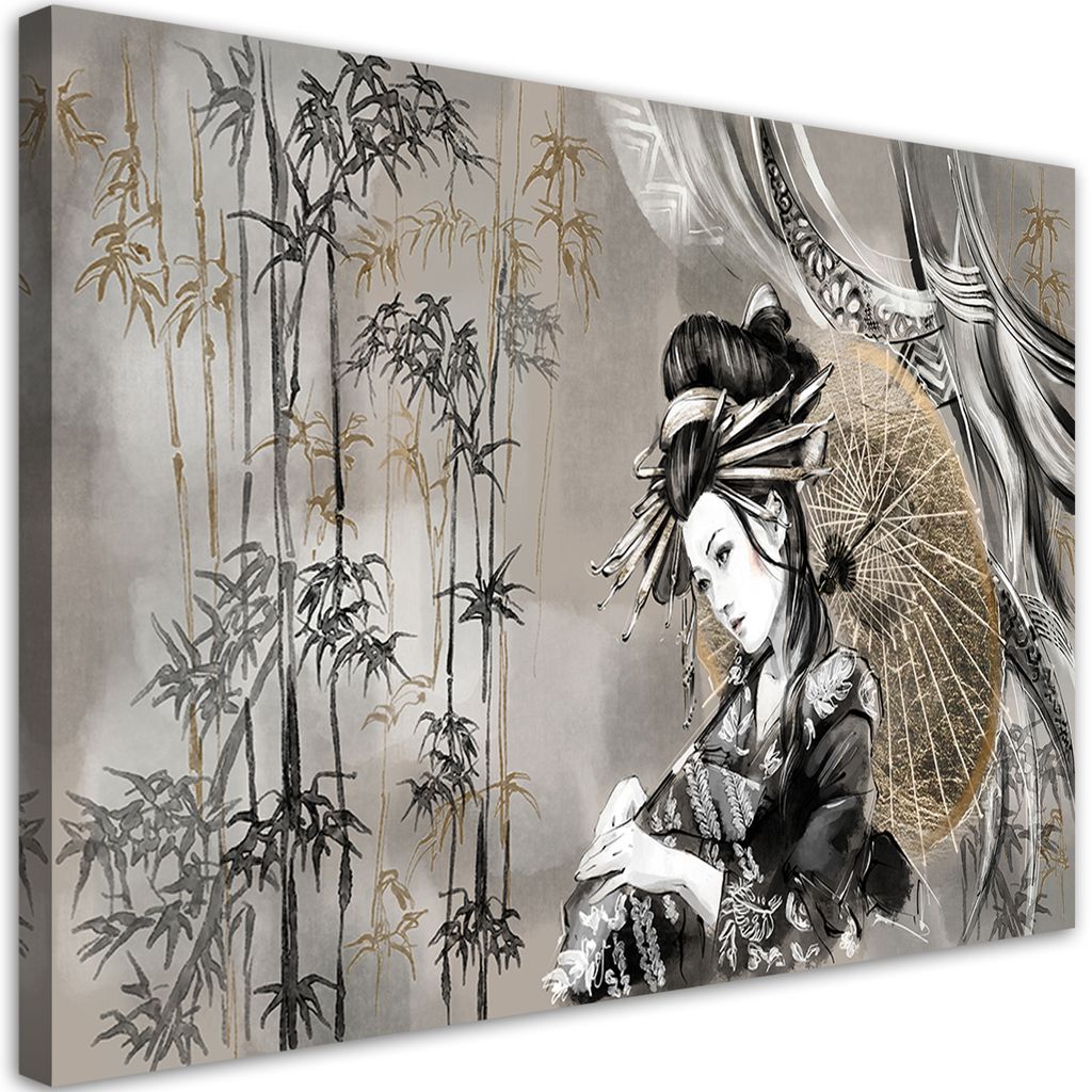 Leinwandbild geisha und bambus 120x80 cm Feeby grau wandbild bereit zum aufhängen