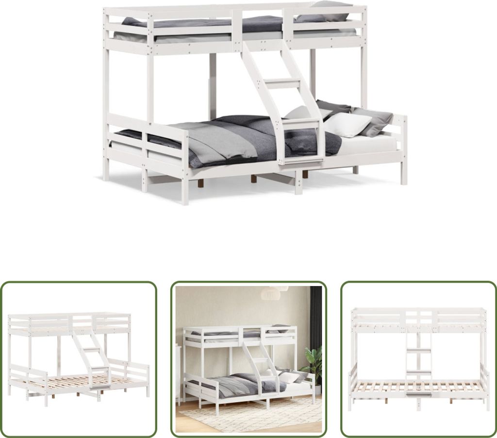 The Living Store Etagenbett 80x200/140x200 cm Weiß Massivholz Kiefer