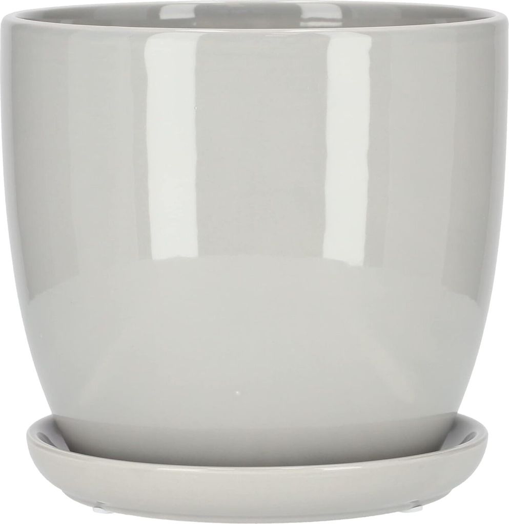 A gray ceramic plant pot with a matching saucer, shown from the front.