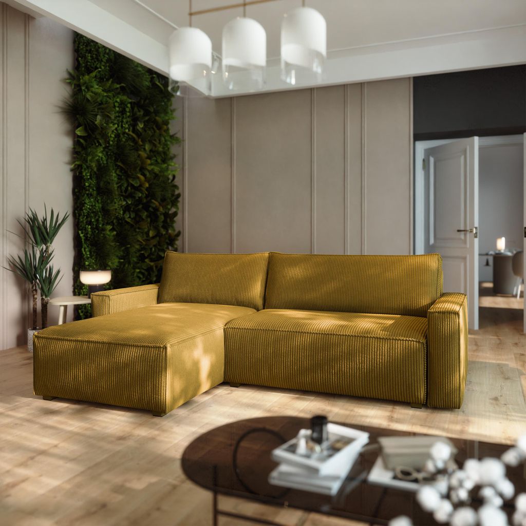 Masseno Ecksofa BESMIR mit Schlaffunktion L-Form, Sofa mit Bettkasten, Wohnzimmersofa, Couch, Soffa, Bettsofa, Couchgarnitur- Gelb, POSO 01