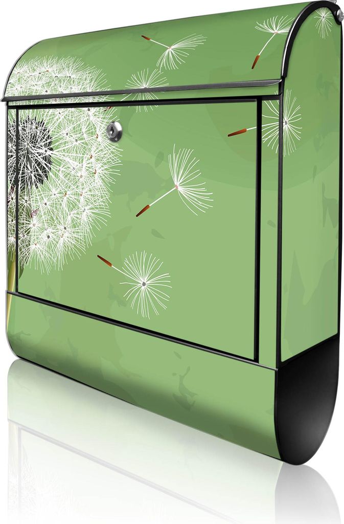 banjado Design Briefkasten Stahl schwarz mit Zeitungsfach pulverbeschichtet "Pusteblume 3" 38x46x12,5cm & 2 Schlüssel - Postkasten A4 Einwurf inkl...