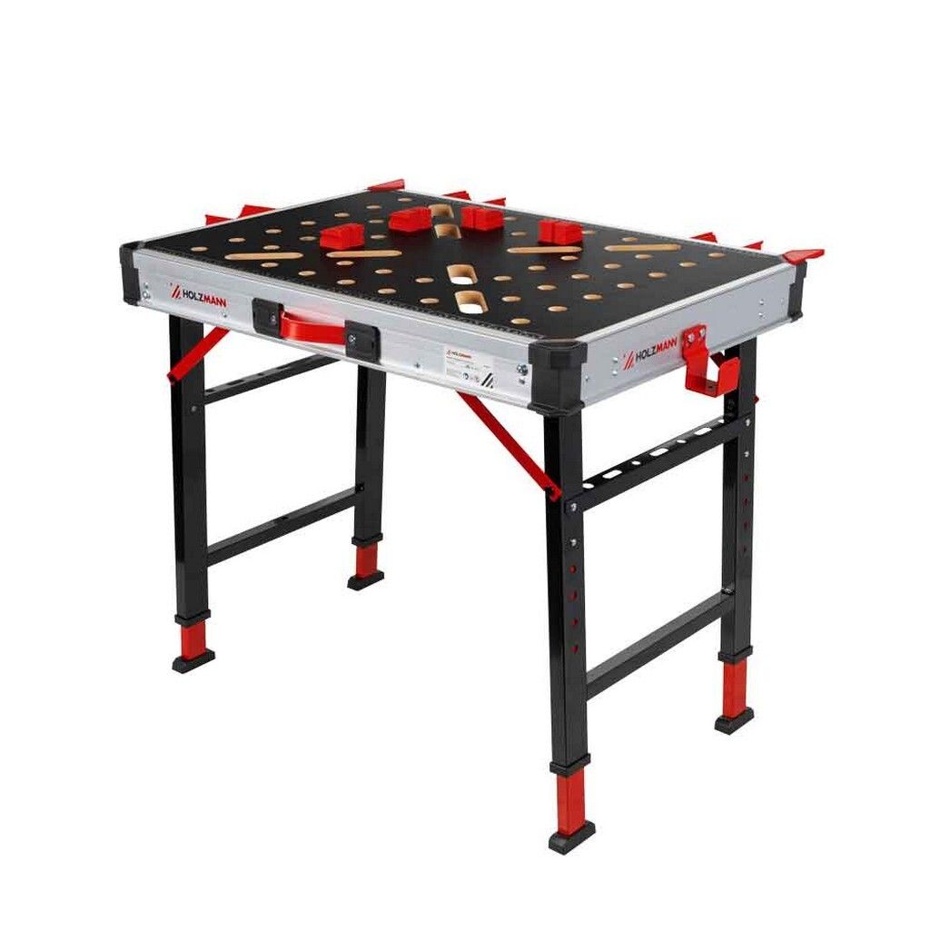 A folding workbench with red clamps on its surface, set against a white background.