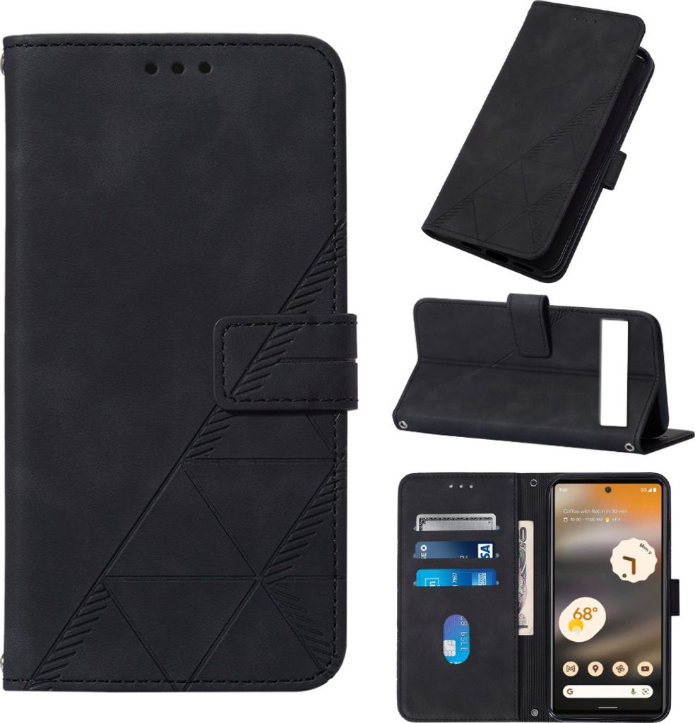 Google Pixel 7A Hülle, Schlank Prägung Flip Leder Kartenfächer Schutzhülle mit Ständer für Google Pixel 7A Schwarz