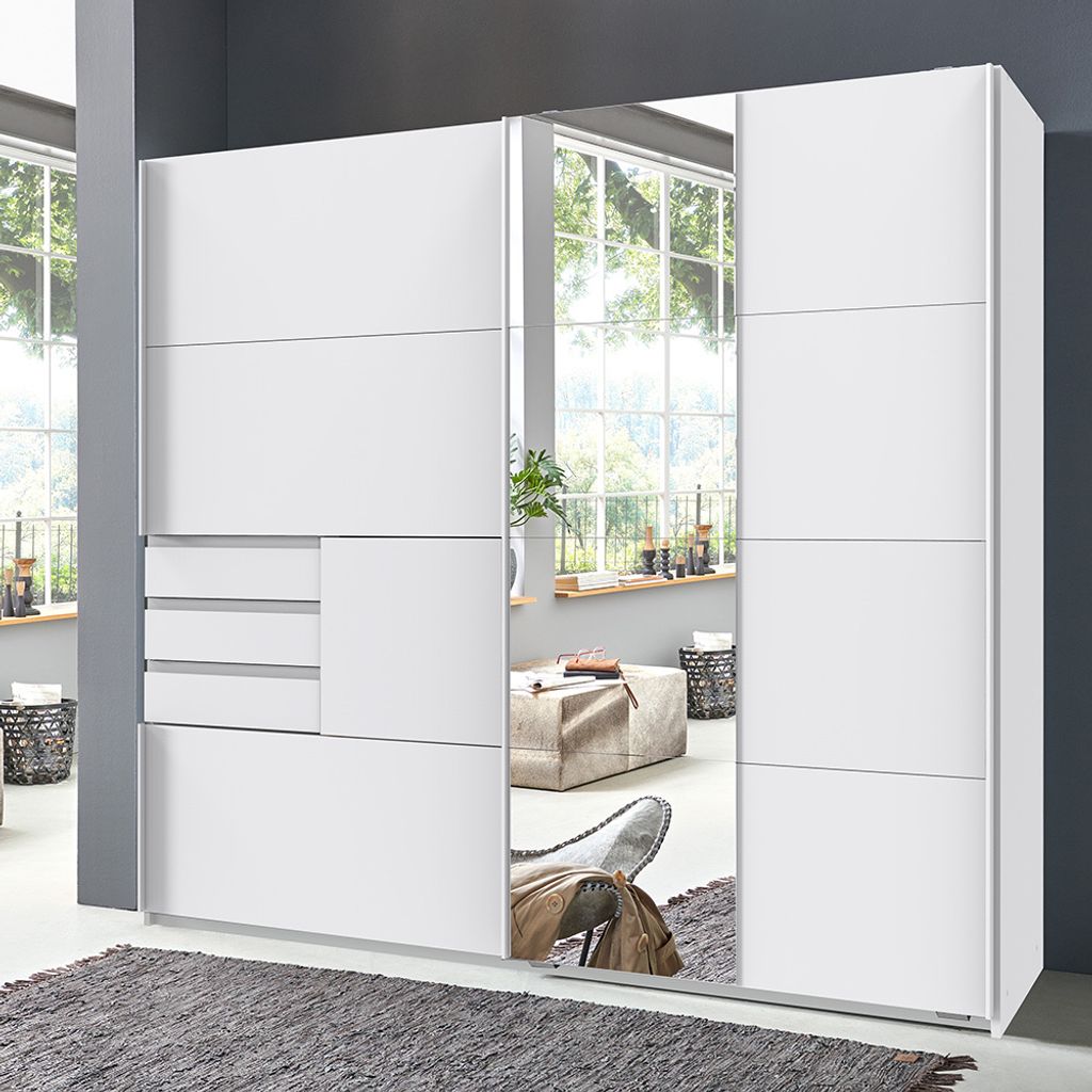 Schlafzimmer Schwebetürenschrank mit 3 Schubkästen und Spiegel in weiß BREGENZ-43, B/H/T ca. 180/198/65 cm