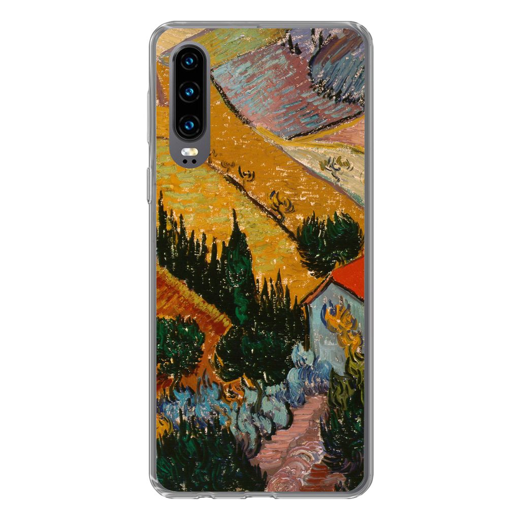 MuchoWow Handyhülle Schutzhülle Hülle für Huawei P30 Landschaft mit einem Haus und einem Ackerbauern - Vincent van Gogh Silikon Softcase Hand...