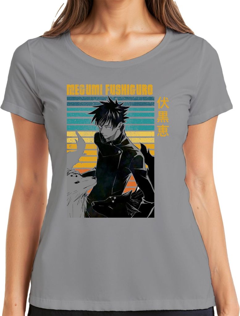 Megumi Fushiguro Jujutsu Kaisen Shikigami Geisterhunde Vintage Damen T-Shirt, Grau, S