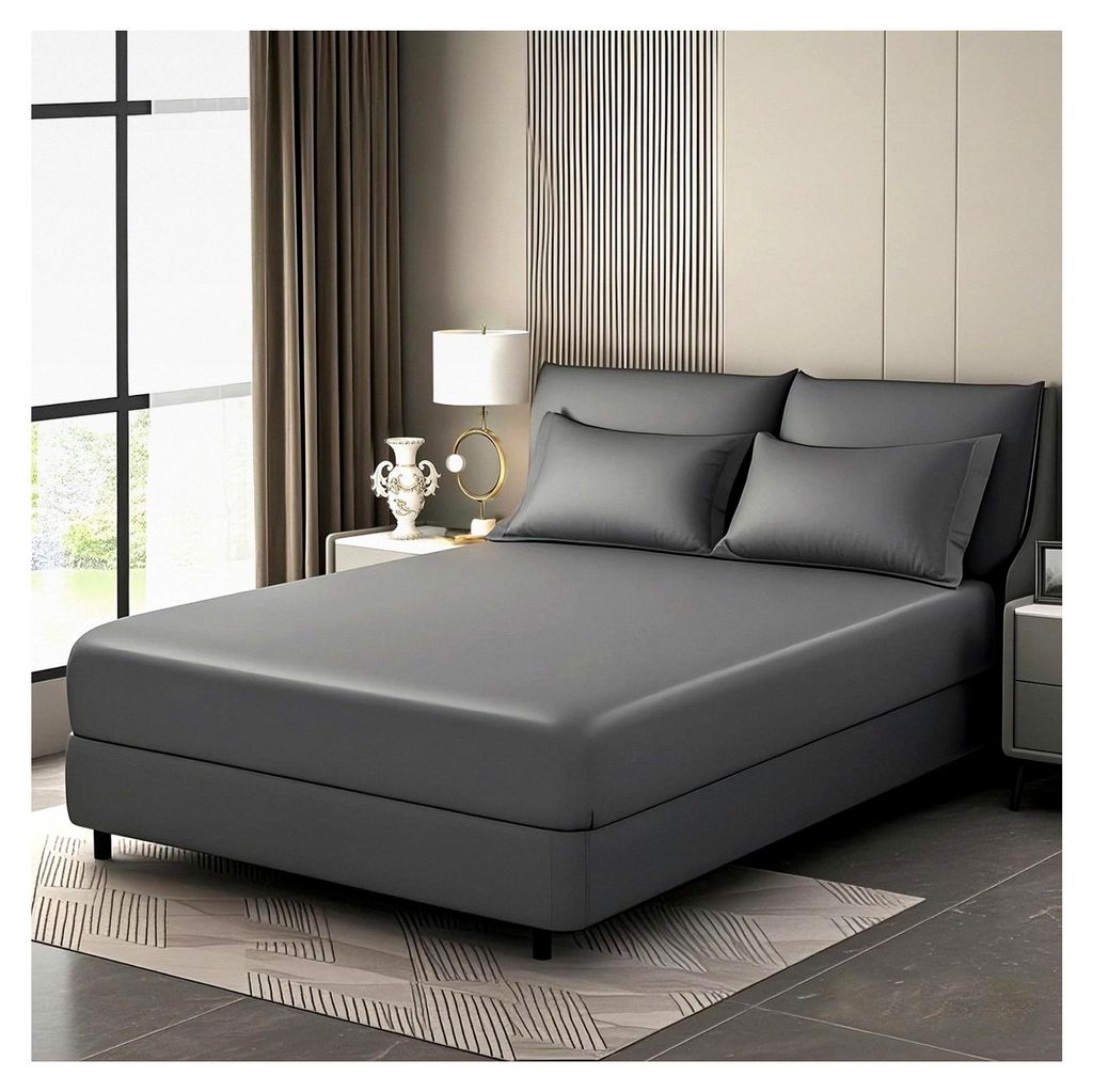 Satin Spannbettlaken für Boxspringbett 140x200cm Sommer Bettlaken Dunkelgrau Seidig Kühlend Microfaser Spannbetttuch 140x200 Weich Maschinenwasch...