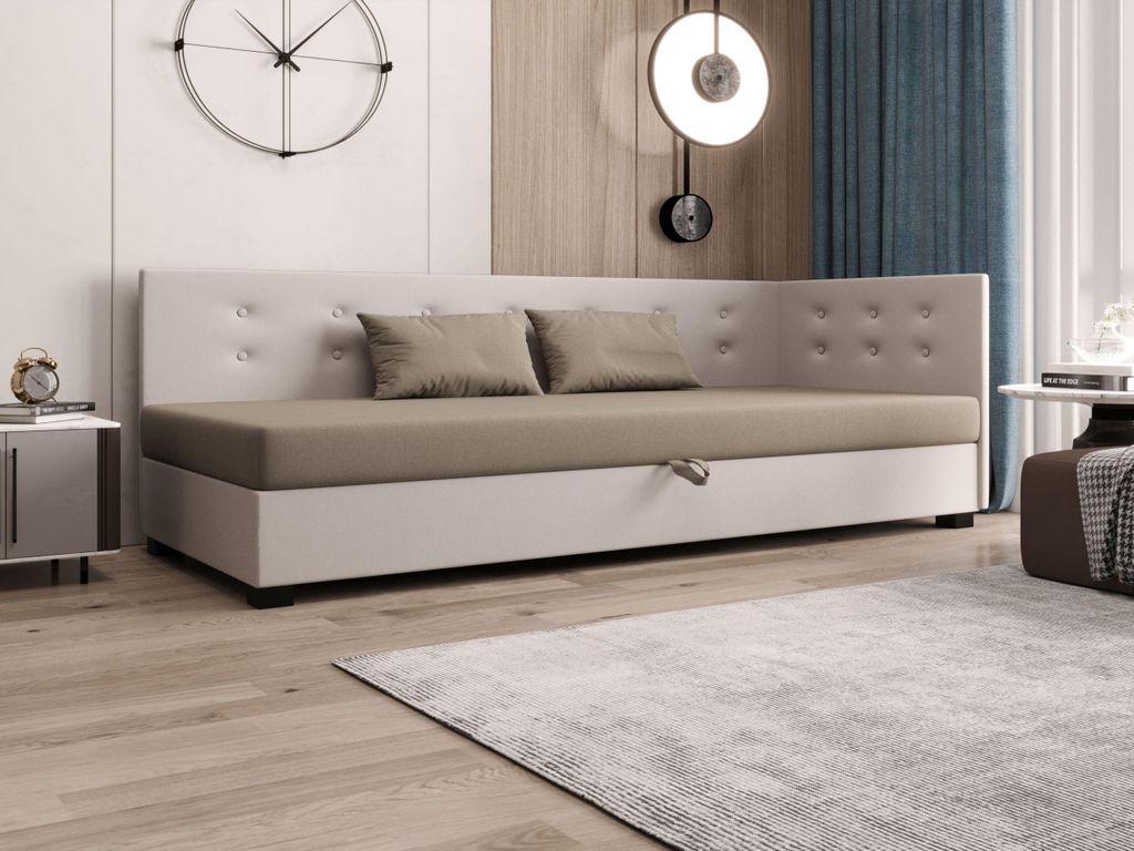 AURA SOFA Boxspringbett OLAF PLUS 110x195 Komplett-Set mit Bonell Matratze, Polsterbett mit Bettkästen - Hellbeige/Bronze, SAWANA 01/24