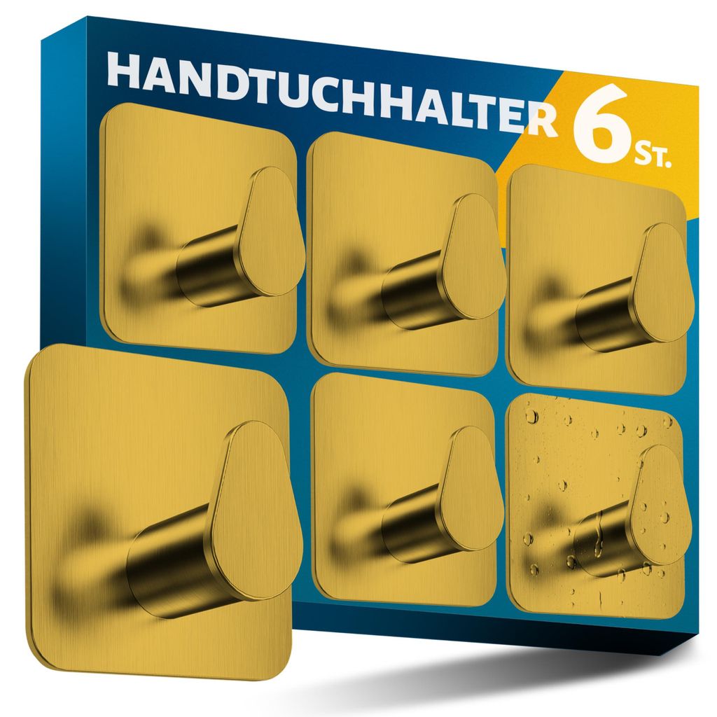 Bohrfreier Handtuchhalter, goldfarben, 6 Stück – Robuste Handtuchhalter fürs Badezimmer, ovale selbstklebende Haken, Haken fürs Badezimmer, se...