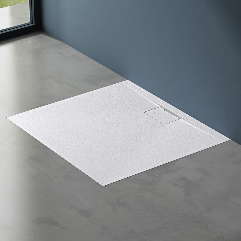 doporro Duschtasse Duschwanne 80x100x3 flach Mineralguss in Weiß DIN-Anschlüsse für bodengleiche Montage geeignet Geoma07