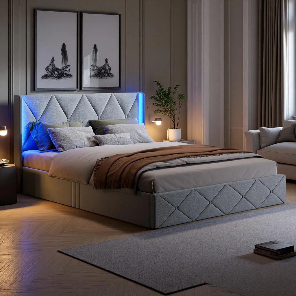 Lit Double avec Coffre de Rangement et Tête de Lit Lumineuse en Velours