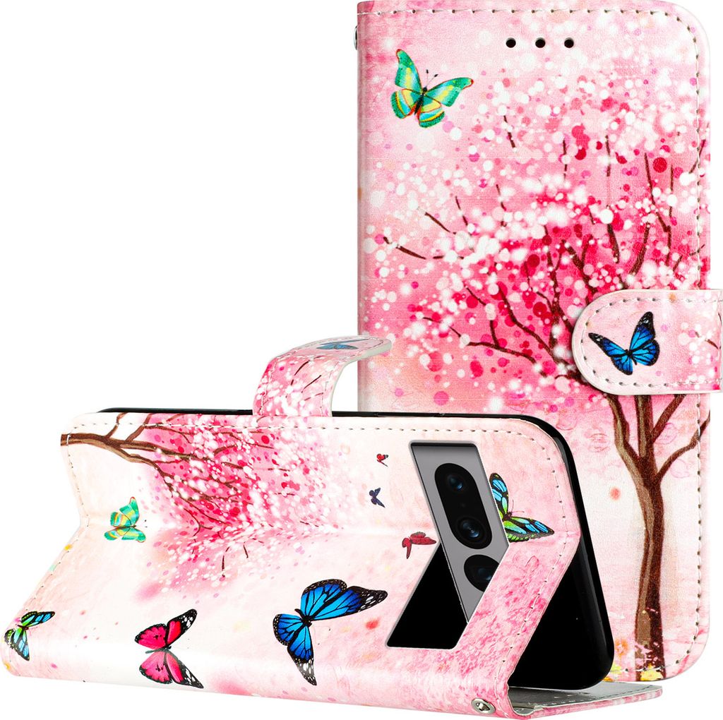 CLM-Tech Hülle kompatibel mit Google Pixel 7 Pro - Tasche aus Kunstleder - Klapphülle mit Ständer und Kartenfächern, rosa Baum und Schmetterlinge