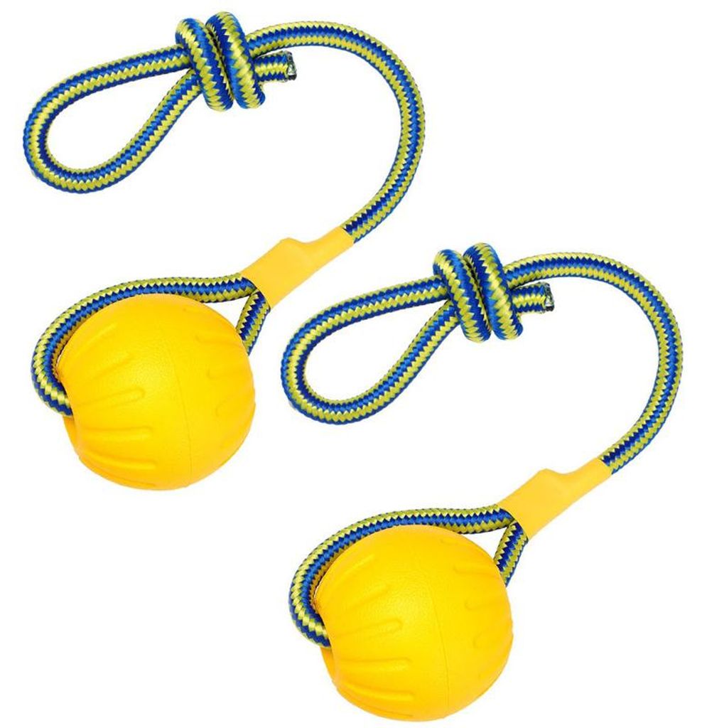 Hundeball mit Seil 2er Set Apportierspielzeug 9 cm EVA robust schwimmfähig Gelb für Welpen und mittelgroße Hunde Outdoor Spiel
