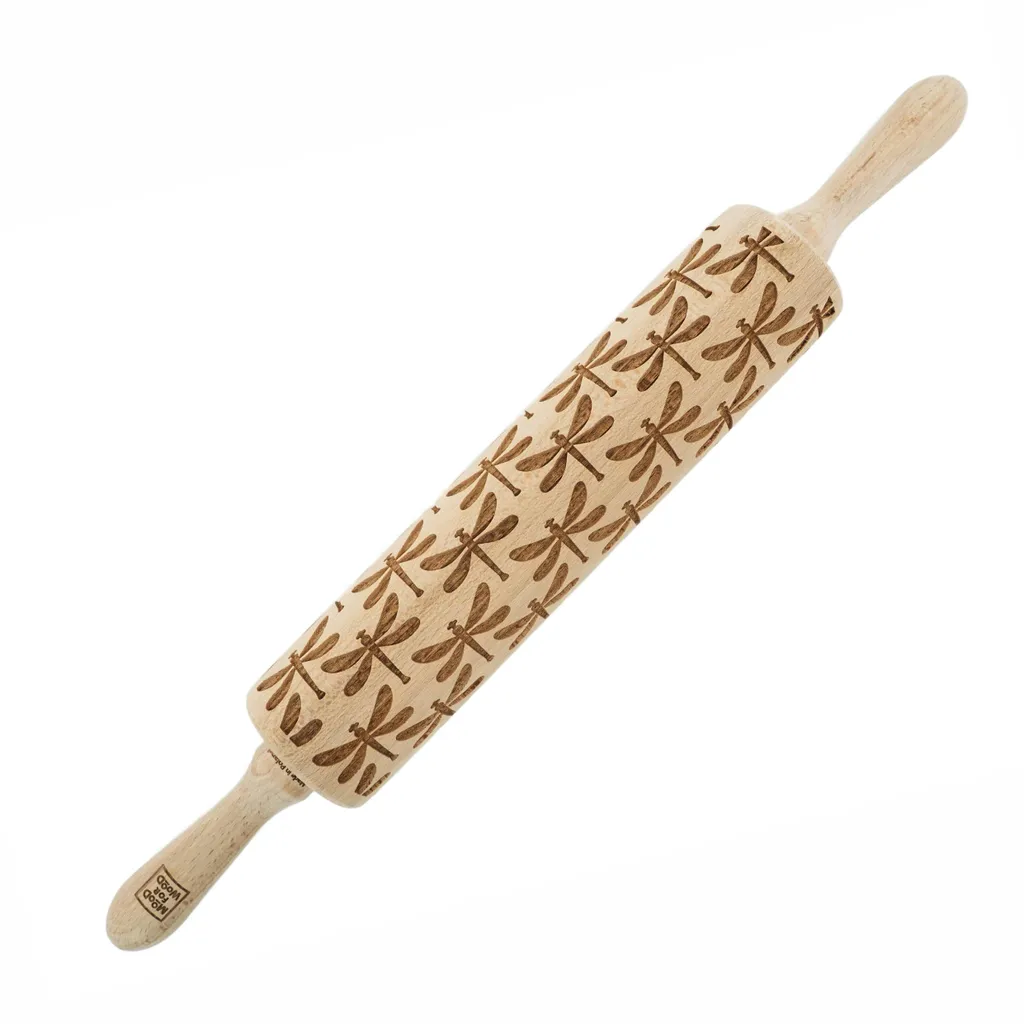 Mattarello in legno MoodForWood, inciso, 43 cm, con manici, perfetto per la cottura - motivo libellula