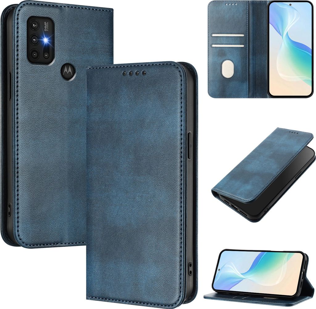 Handyhülle für Motorola Moto G30/G20/G10 Power, Vintage Leder RFID Schutz Kartenfach Standfunktion Magnetische Klapphülle Blau