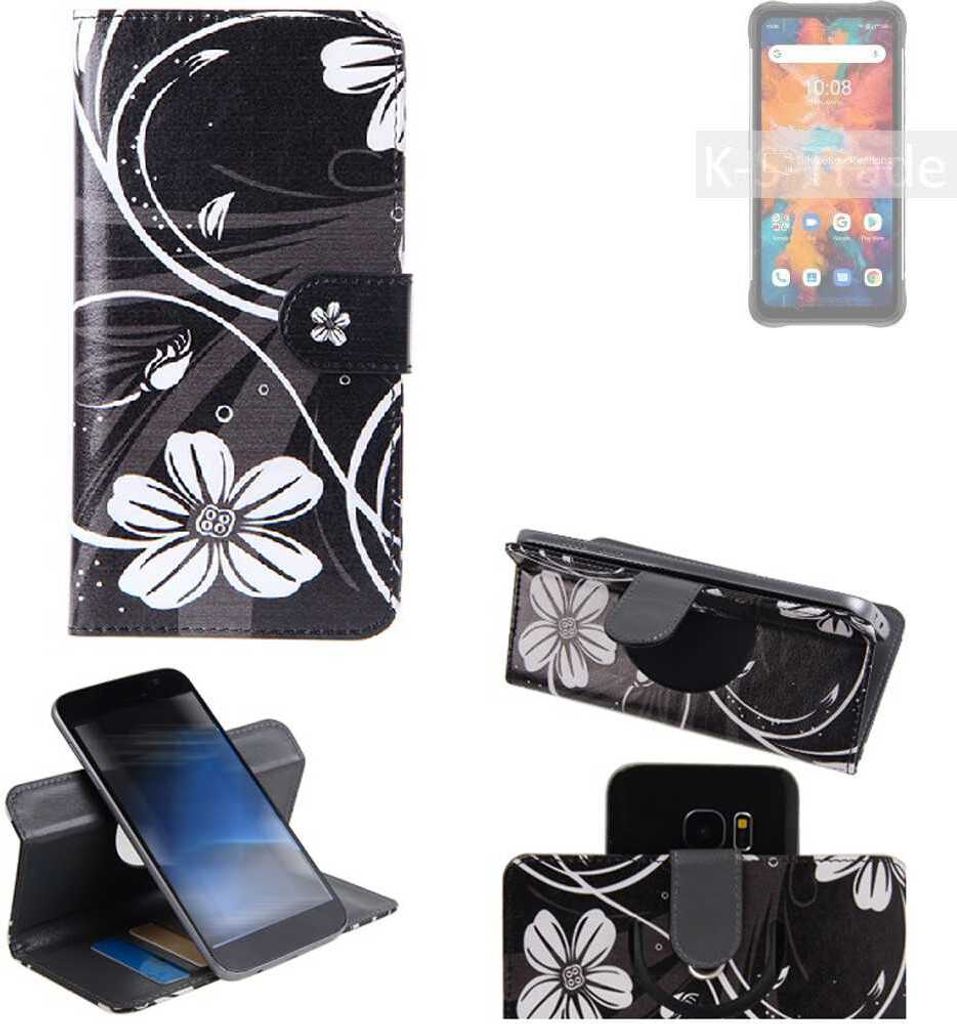 K-S-Trade Schutzhülle Handyhülle kompatibel mit UMIDIGI Bison X10 Pro Hülle 360° Wallet Case ''Flowers'' Klapphülle Hülle schwarz-weiß 1x