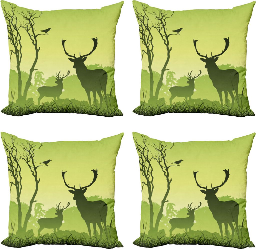 ABAKUHAUS Geweih Kissenbezug Set (4 Stück), Deer Bäume und Krähen Vogel, Moderner Doppelseitiger Digitaldruck, 60 cm x 60 cm, Grün