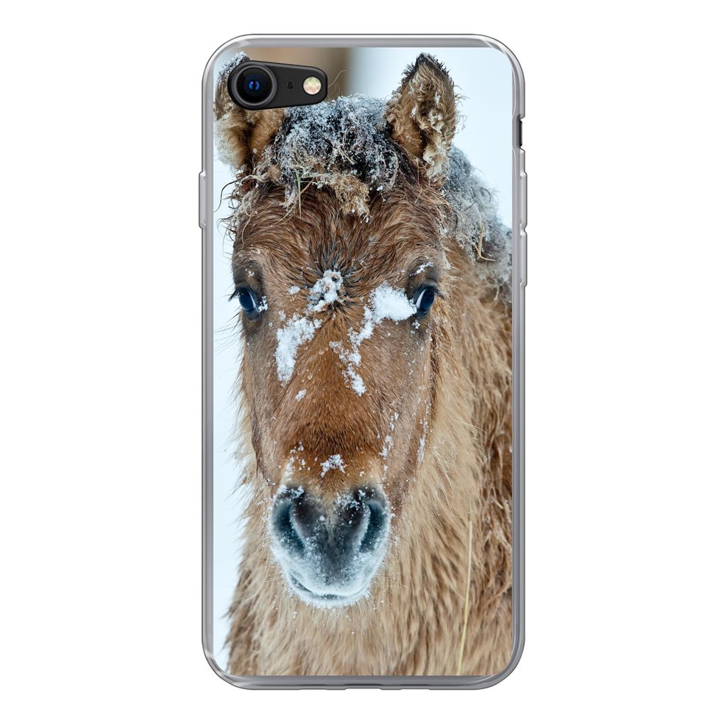 MuchoWow Handyhülle Schutzhülle Hülle für iPhone SE 2022 Junges Fjordpferd mit Schnee bedeckt Silikon Softcase Handy Hülle - Schutzhülle