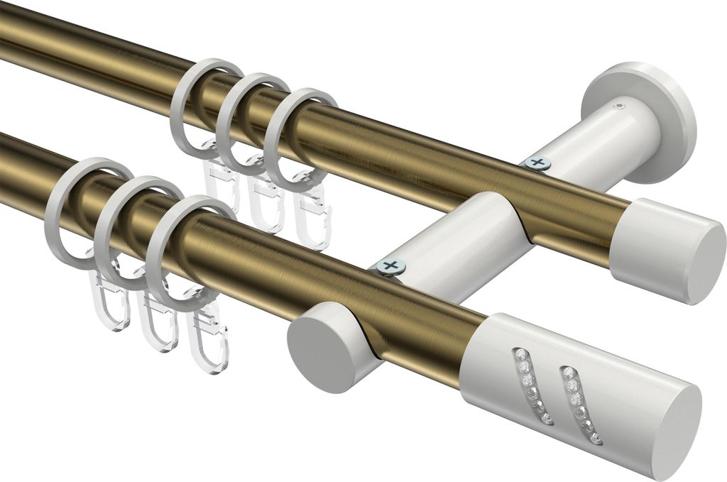Interdeco Gardinenstange / Vorhangstange Messing Antik / Weiß, Typ Platon Zoena (Glitzerzylinder), 20 mm Ø 2-läufig, 320 cm