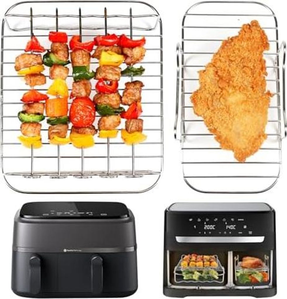 BYKITCHEN Heißluftfritteuse Zubehör für Philips Dual Basket 3000-Serie, 9L/Tefal 5,2/3,1 L Easy Fry, 2 Stück Luftfritteusenständer mit 5 Spie...