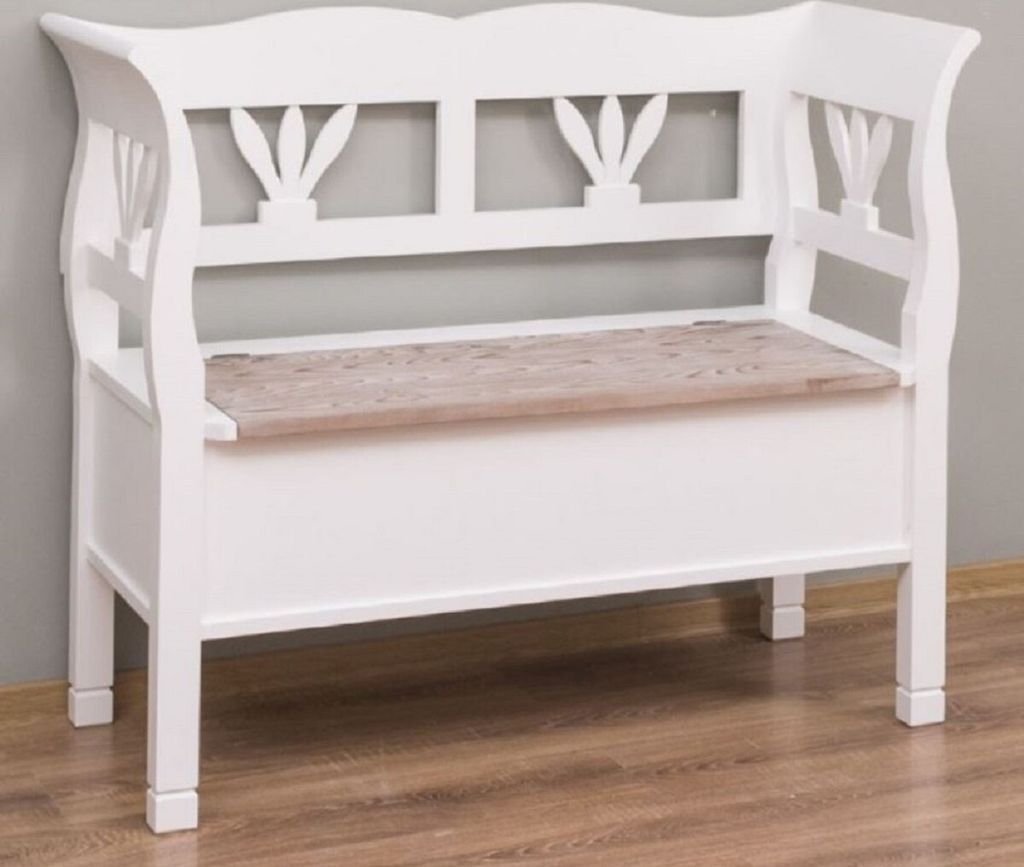 Casa Padrino Landhausstil Sitzbank Weiß / Naturfarben 117 x 48 x H. 92 cm - Massivholz Bank mit Stauraum - Massivholz Möbel - Landhausstil Möbel...