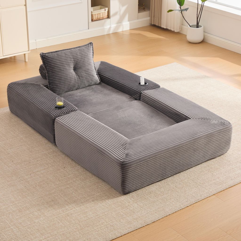 okwish Modulares Sofa Liegesessel mit Getränkehalter und Seitentasche, Klappsofa einfache Montage,Cord,für kleine Wohnungen,Dunkelgrau
