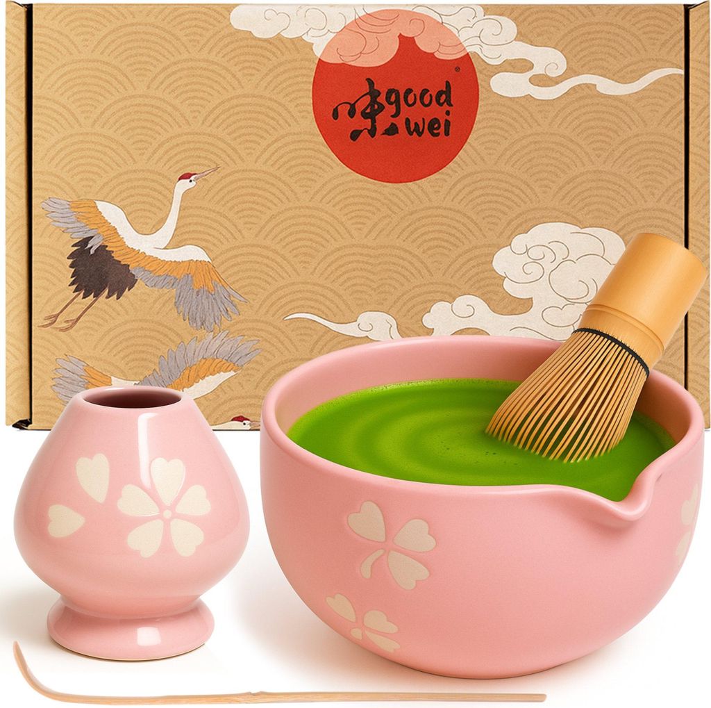 Matcha Set "Hanami" mit Schale mit Ausgießer, Besen & Halter – edles Set aus Keramik für cremigen Matcha und stilvolle Teezeremonie