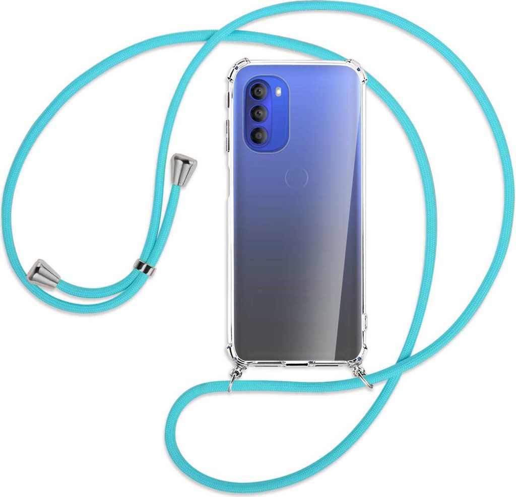 Handykette Backcover-Schutzhülle mit Band (Metall silberfarben) für Motorola Moto G51 5G - türkis