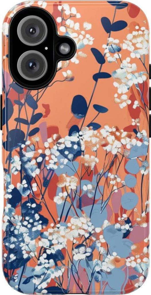 Weiße Schleierkraut-Blüten auf orangefarbenem Hintergrund – Hülle Kompatibel mit iPhone 16