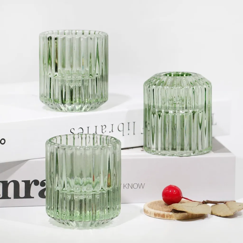 Set Di 3 Portacandele In Vetro Verde Vintage - Altezza 8 Cm - Motivi Retrò Per Tealight - Decorazione Da Tavolo