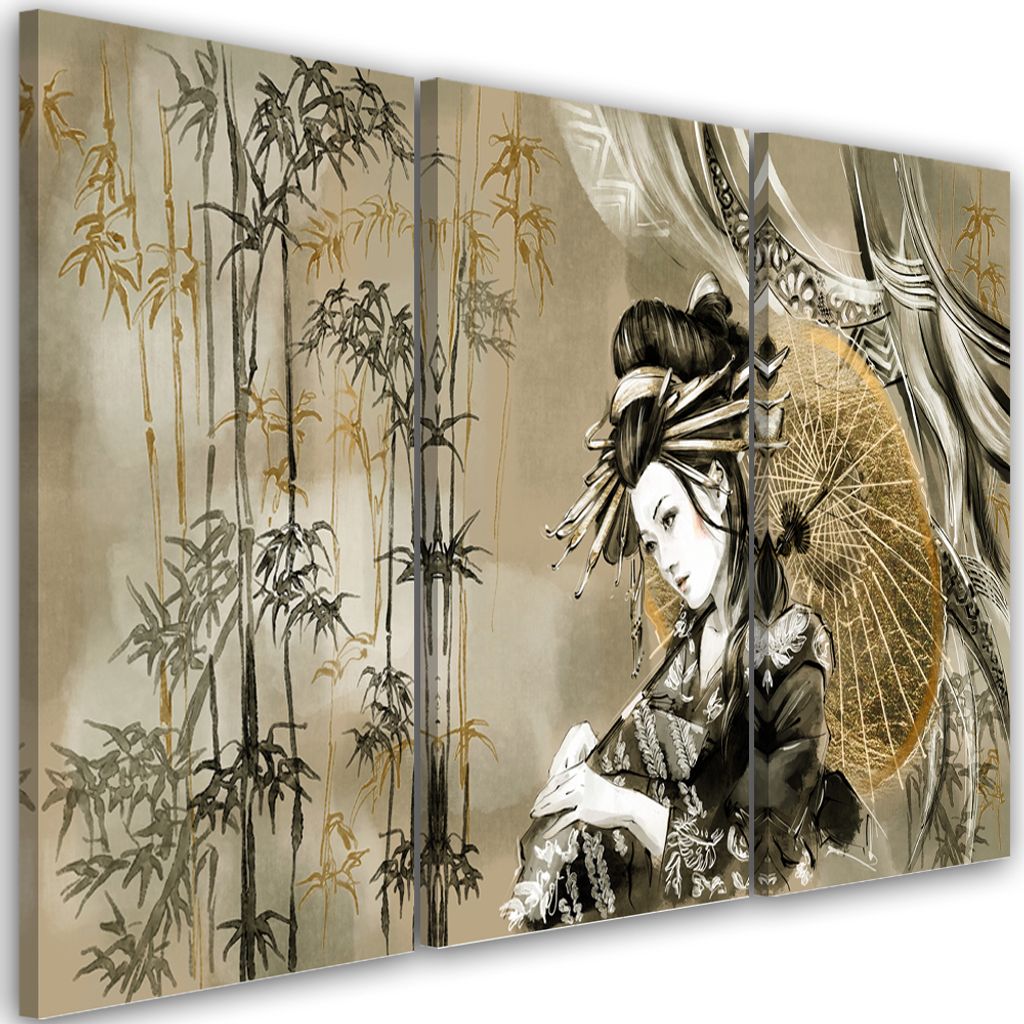 Triptychon auf leinwand geisha und bambus 150x100 cm Feeby grün wandbild bereit zum aufhängen