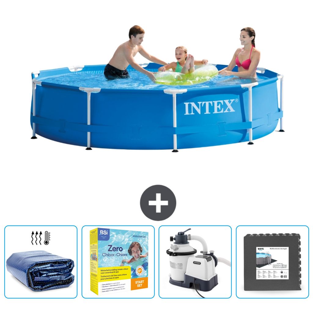 Intex-Schwimmbecken mit rundem Rahmen – 305 x 76 cm – Blau – im Lieferumfang enthalten Sonnensegel - Wartungspaket - Filterpumpe für Schwimm...