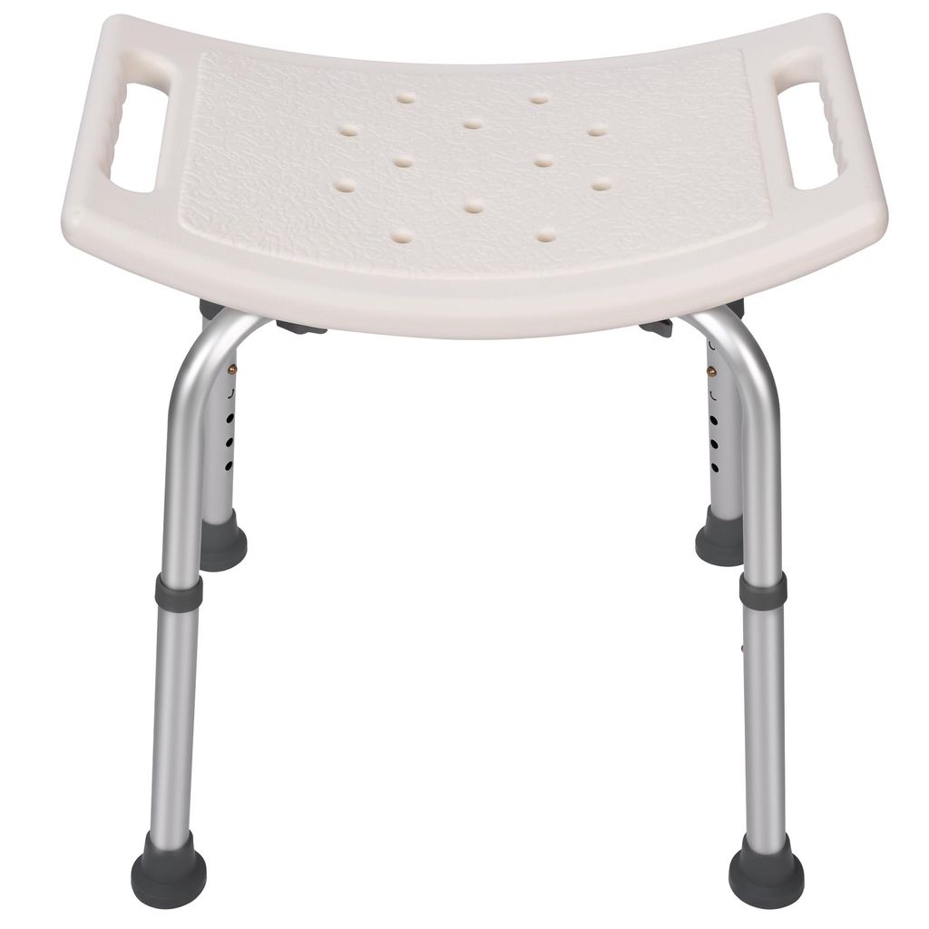 A white shower stool with adjustable legs and handles, shown from the front.