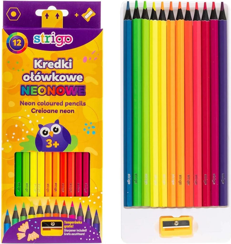 Dreieckige und sechseckige Neon-Buntstifte, 12 Stück + Strigo SSC117 Spitzer