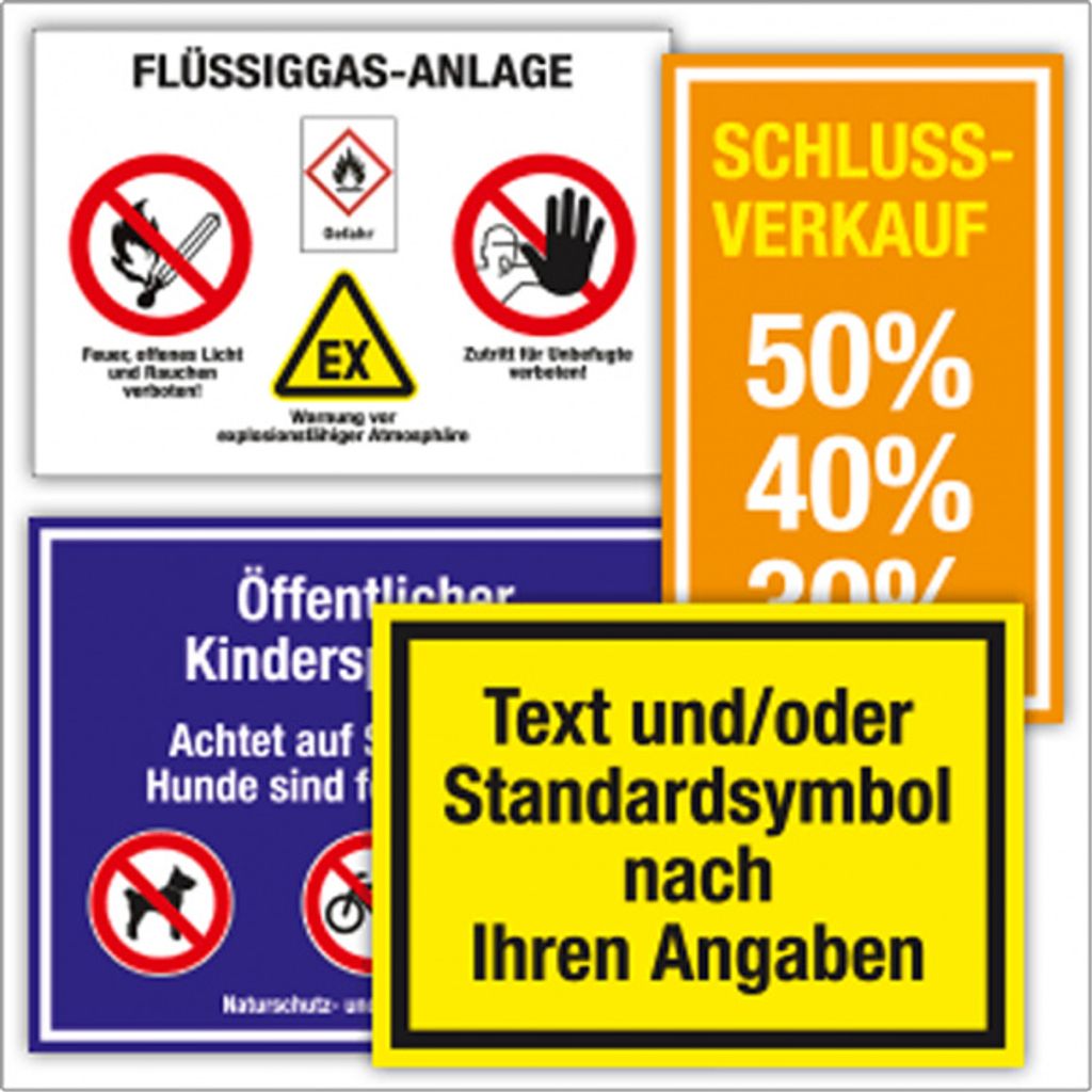 Dreifke Hinweisschild mit Text, Symbol und/oder Logo nach Angabe, Alu, bis 6...