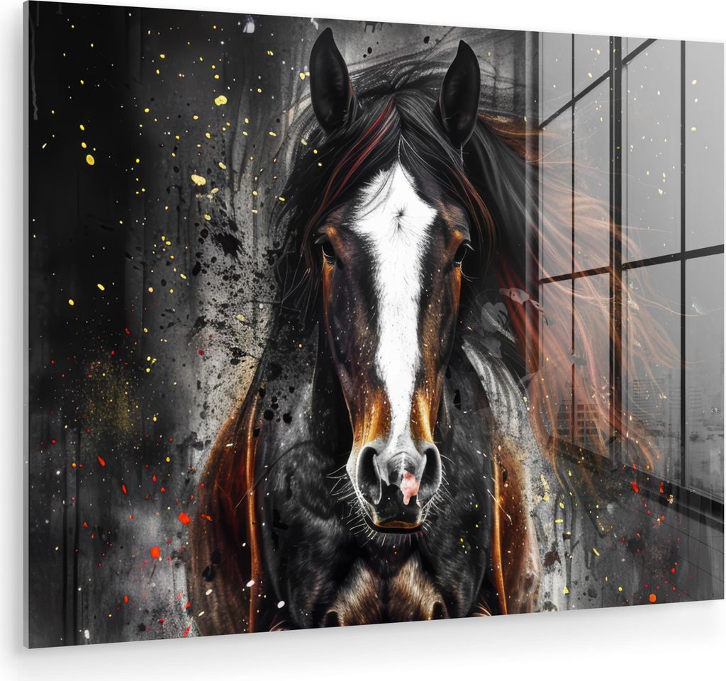 MuchoWow Glasbilder - Bilder auf Wandbild - Foto auf Glas Pferd - Tiere - Schwarz - Luxus - Modern 80x60 cm Wanddekoration aus Glas - Acrylglasbild...