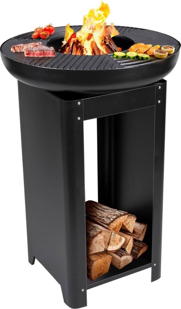 alpina 3-in-1 Feuerstelle und Grillplatte - Gartenkamin 61 x 90 cm - mit Teppanyaki-Grillplatte - Plancha Grill mit Brennholzaufbewahrung - Feuerst...