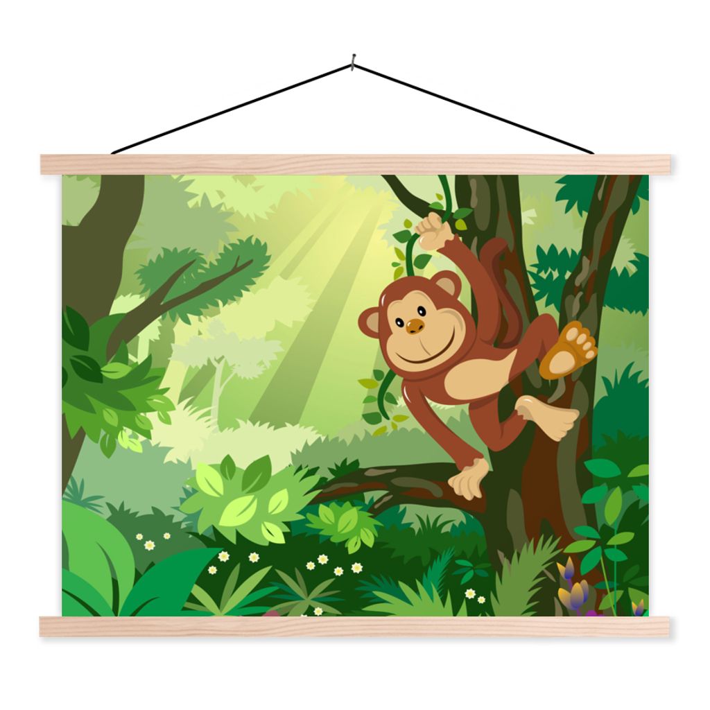 MuchoWow Textilposter Affe - Dschungel - Jungen - Mädchen - Blumen - Kinder 120x90 cm mit holzfarbenen Rahmen - Magnetisch
