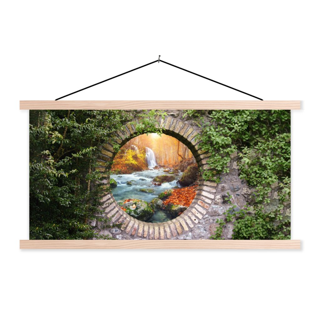 MuchoWow Textilposter Herbst - Wasserfall - Natur - Aussicht 60x30 cm mit holzfarbenen Rahmen - Dekoration