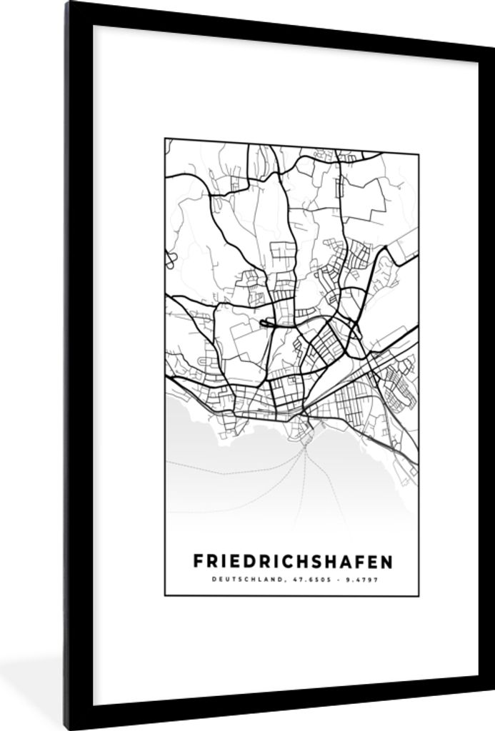 MuchoWow Gerahmtes Poster Friedrichshafen - Karte - Stadtplan - Karte 60x90 cm - Poster mit Schwarzem Bilderrahmen Wandposter Rahmen Foto Bilder ...