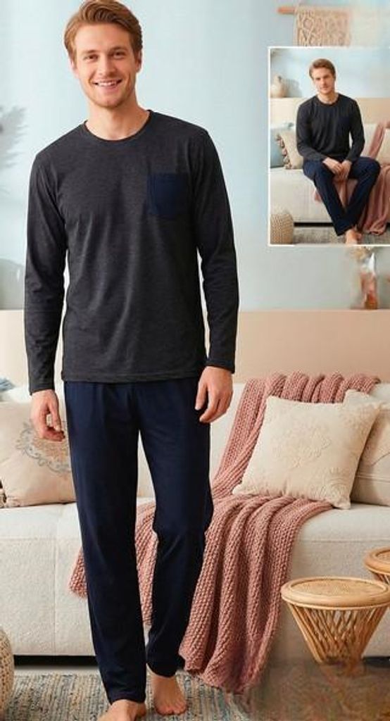 Herren Pyjama Schlafanzug Grau XXL Baumwolle Lang M-34 Produktbild 