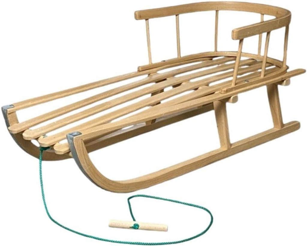 Holzschlitten Kinderschlitten aus Buchenholz Rückenlehne inkl. Zugseil Schlitten Lehne Schieber Metallkufen + Rutscher Schneegleiter Handgriff