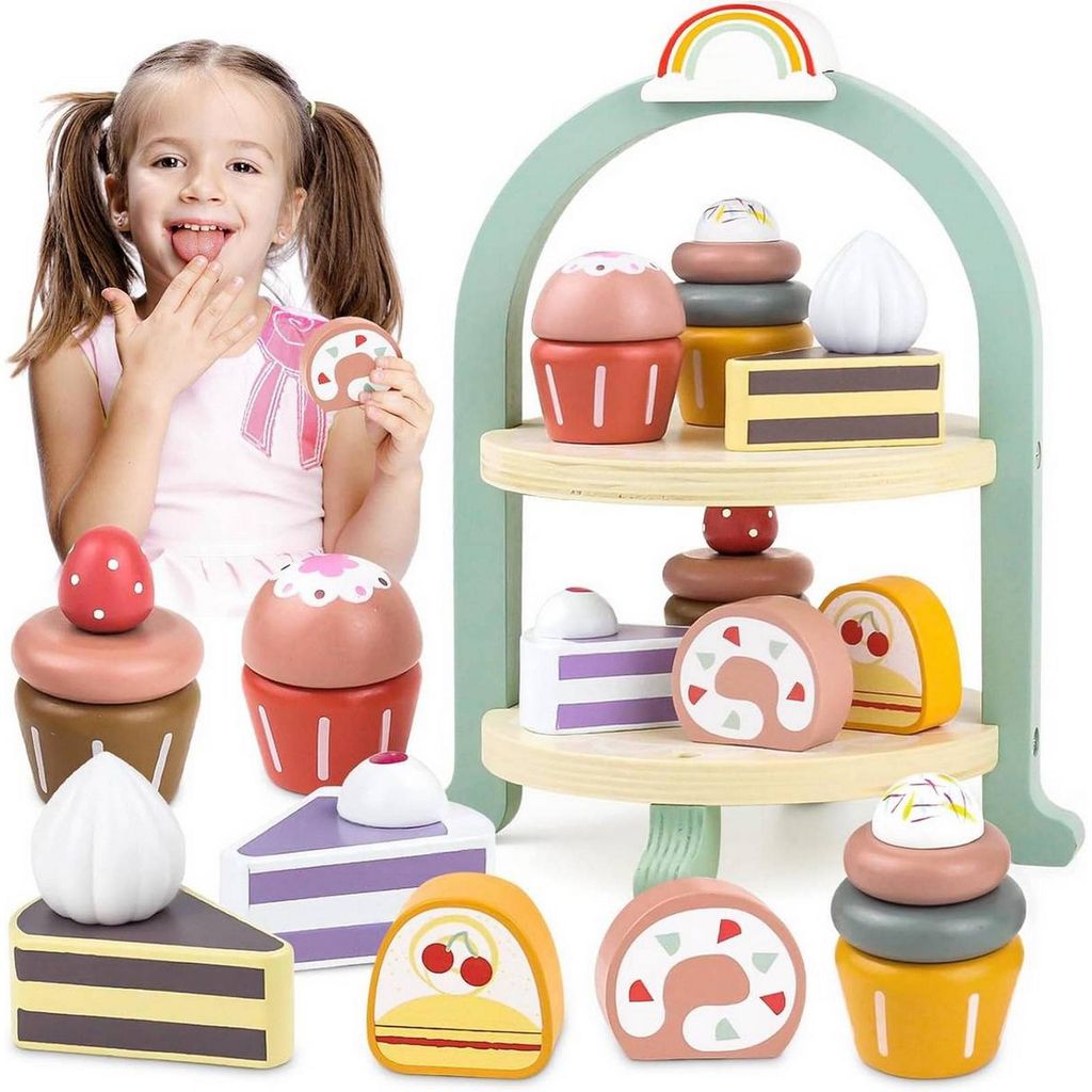 Holz Etagere mit Gebäck Spiel-Kaffee & Tee Set Kinderküche Zubehör