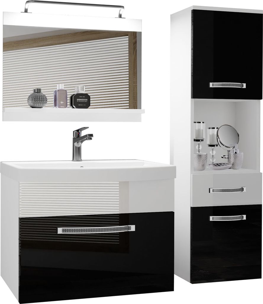 BELINI Badmöbel Vollausstattung Set Waschbeckenschrank, Hochschrank, Waschbecken, Spiegel, Lampe (Schwarz/ Weiss, Glänzend)